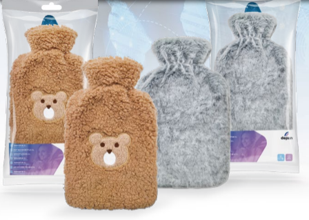 Termofor 2L DEPAN, Miś – futerko brązowe, z naszytą głową misia,Futerko pluszowe – szare tło bez nadruków